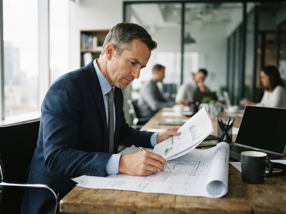 A businessman reviewing housing acquisition documents and blueprints at his desk.