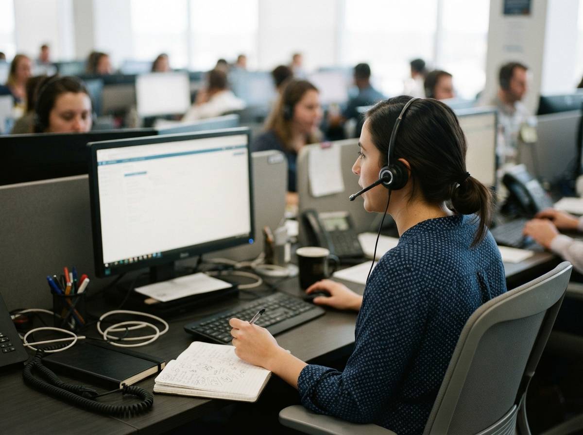 A call center agent wearing a headset working at a desk in a busy office.