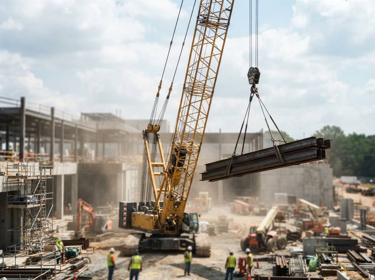 A construction crane lifting steel beams at a data center building site.