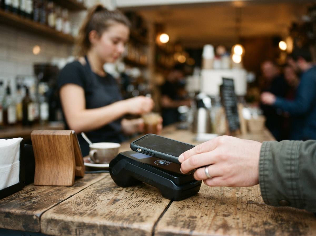 A customer taps a smartphone against a contactless payment terminal in a shop.antapp antitrust ruling, Apple App Store fees, Google Play Store policy