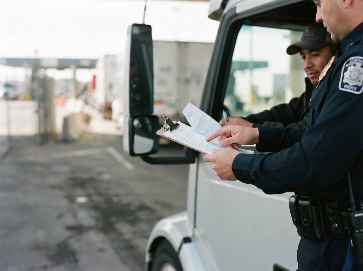 A customs officer inspecting semi trucks at a busy cross border freight crossing.