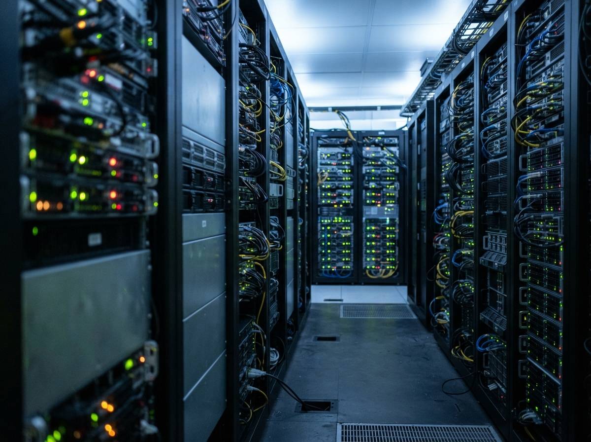 A data center technician adjusts fiber optic cables on a server rack patch panel.