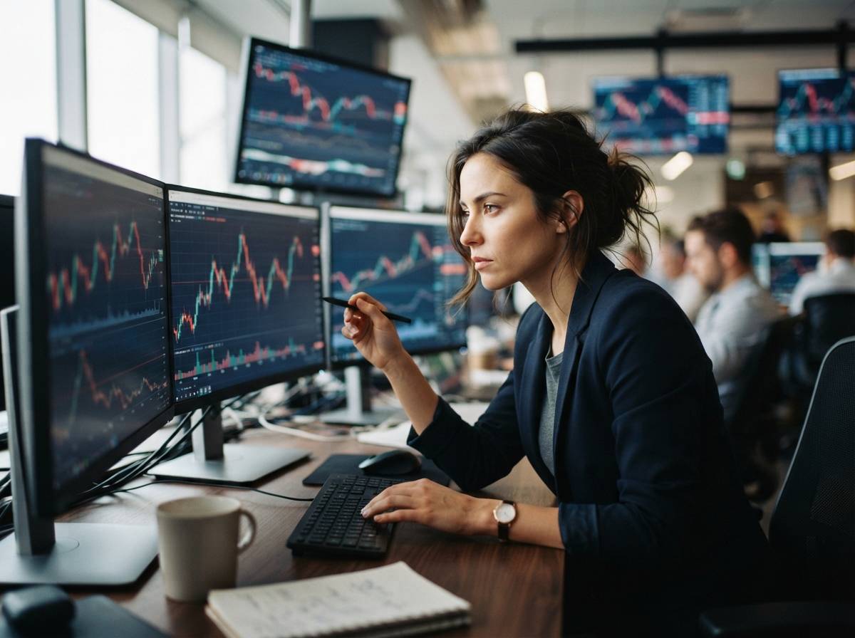 A financial analyst reviews stock charts on multiple monitors during the trading day.