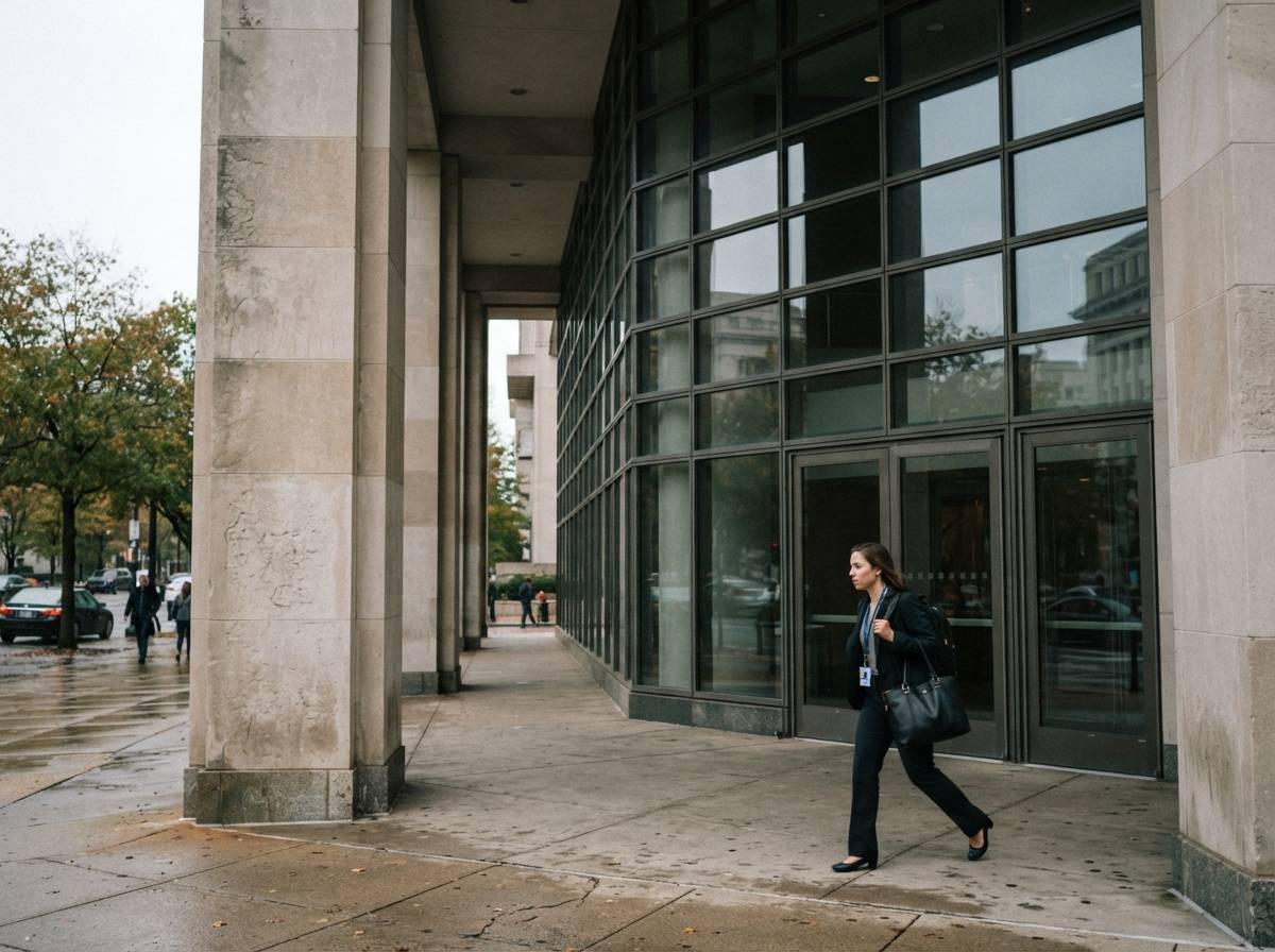 A government office building entrance in Washington D.C. with a staffer walking toward the doors.