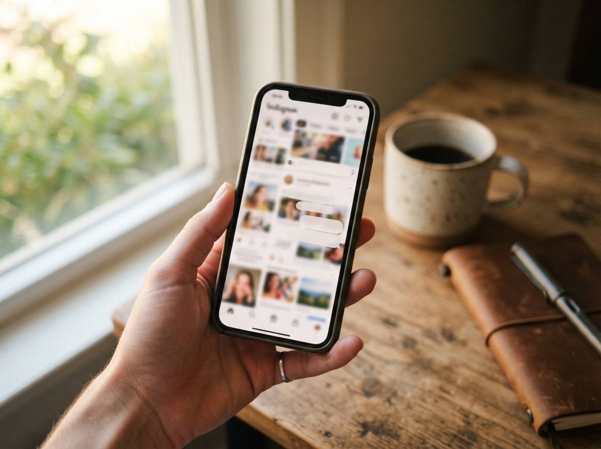 A hand holding a smartphone displaying a scrolling social media feed on a desk.