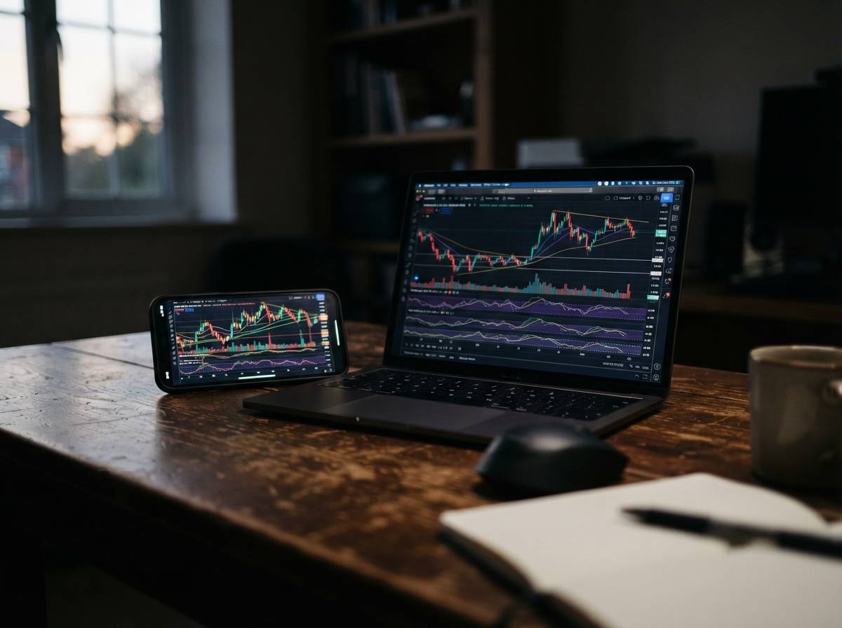 A hand holds a smartphone displaying a cryptocurrency trading app on a desk with coffee and newspaper nearby.