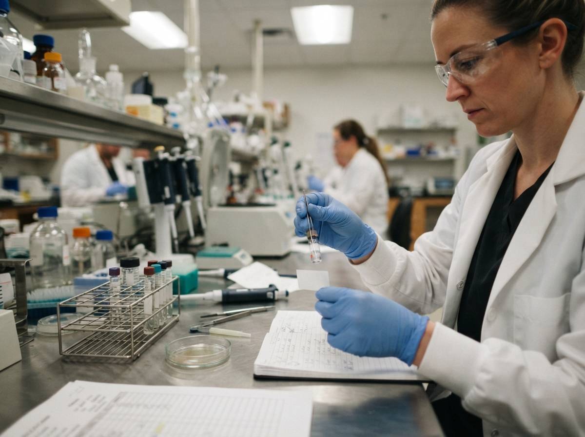 A lab technician in a white coat handles clinical trial vials on a stainless steel counter in a research laboratory.