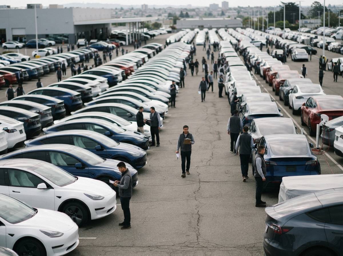 A large lot filled with newly delivered Tesla vehicles lined up in rows under overcast daylight.