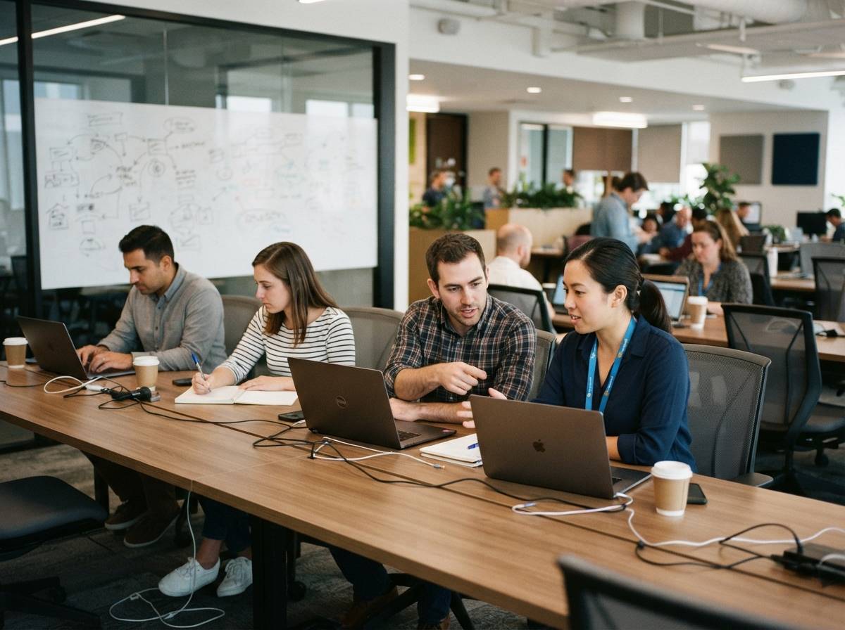 A Microsoft engineer working alongside enterprise client staff at a shared desk in an office.