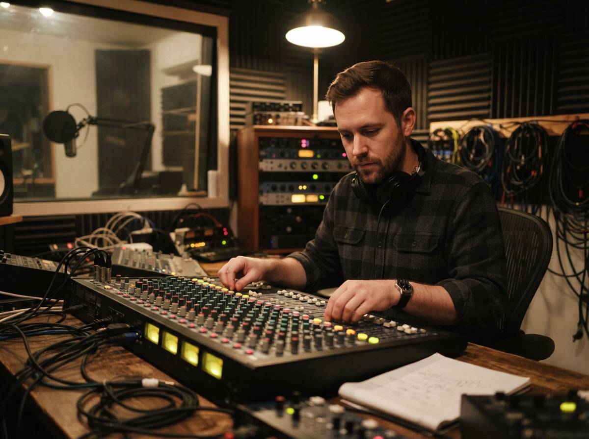 A musician backstage checks streaming chart numbers on a smartphone in dim venue lighting.
