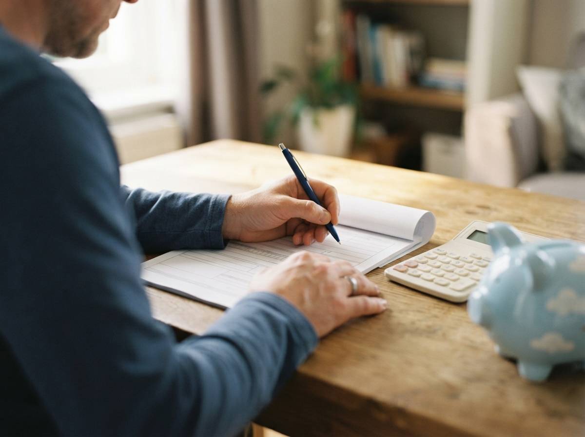 A parent fills out enrollment paperwork for a child's savings account beside a piggy bank.