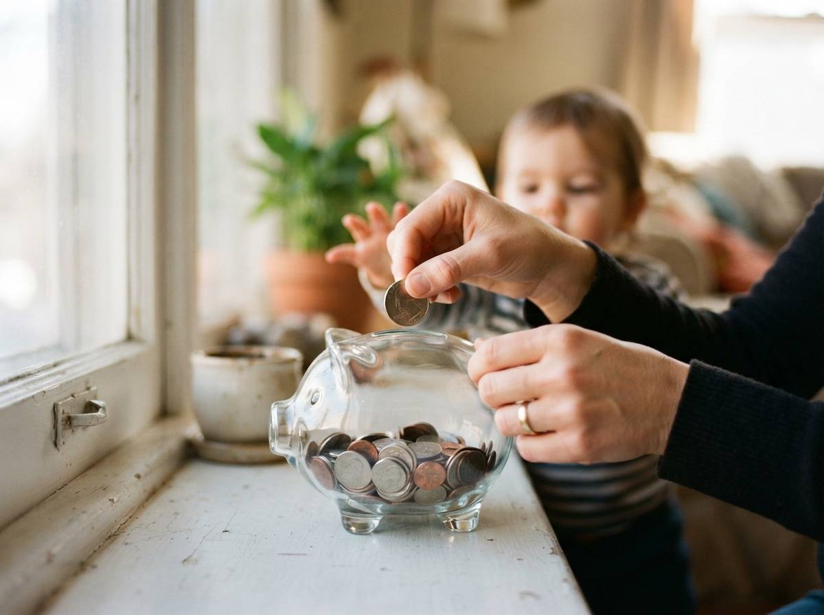 A parent holds a smartphone showing a banking app while standing in a sunlit kitchen.