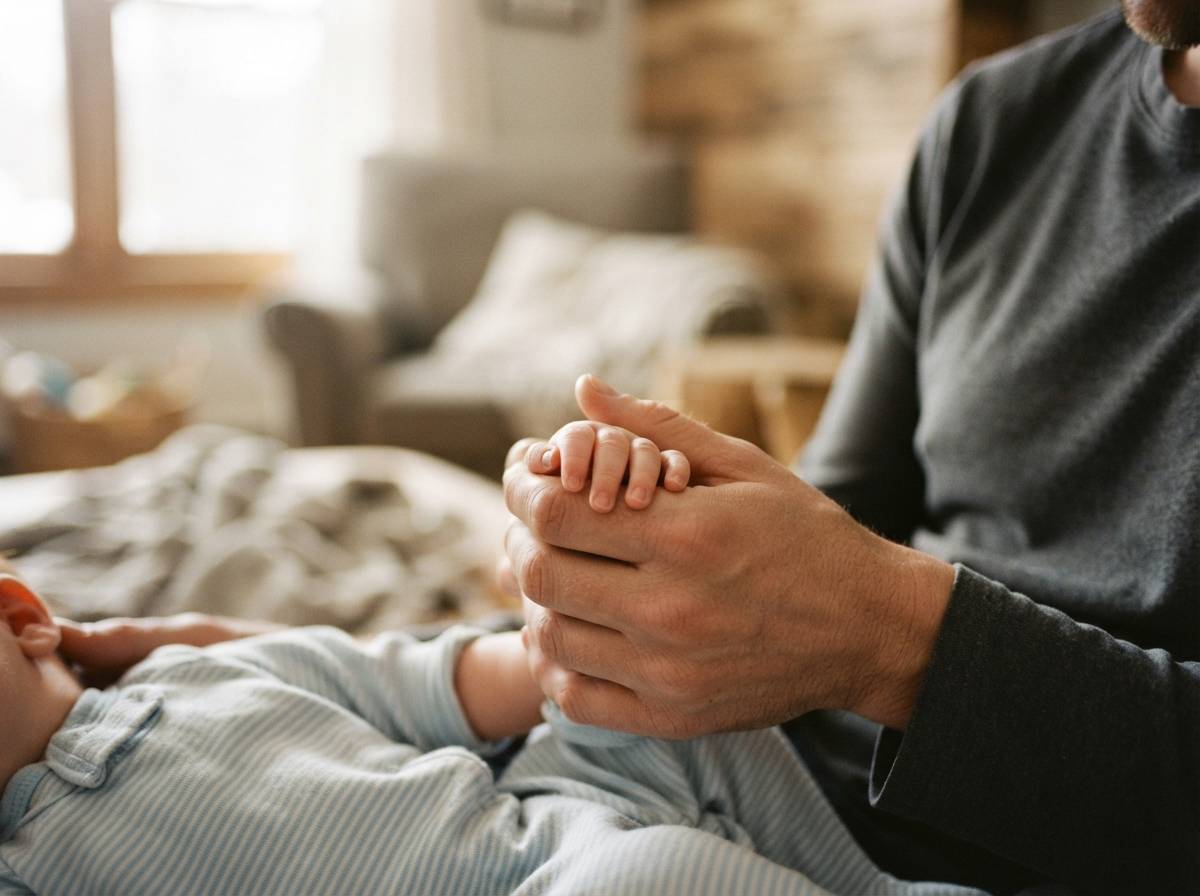 A parent holds the hand of their infant child in soft natural light at home.