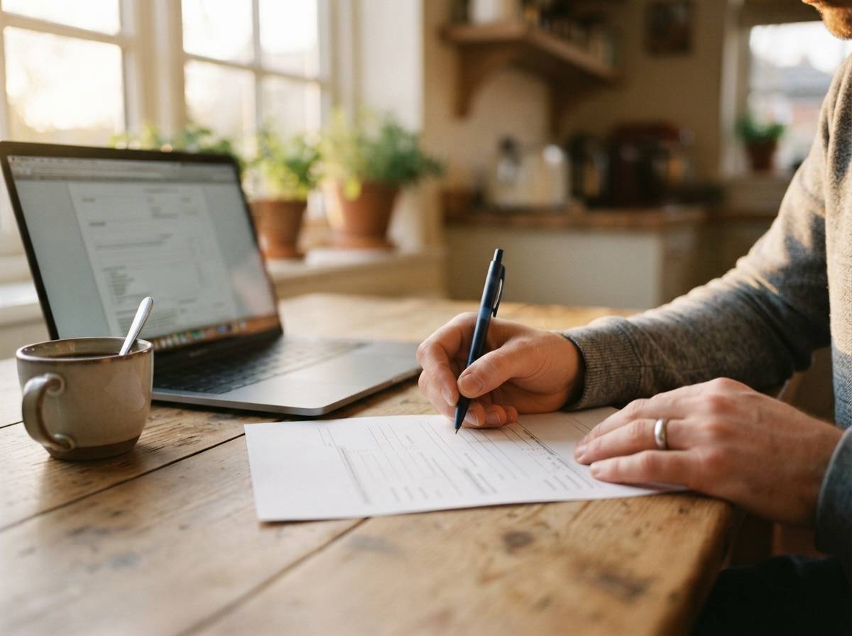 A person fills out an unemployment benefits form at a kitchen table.