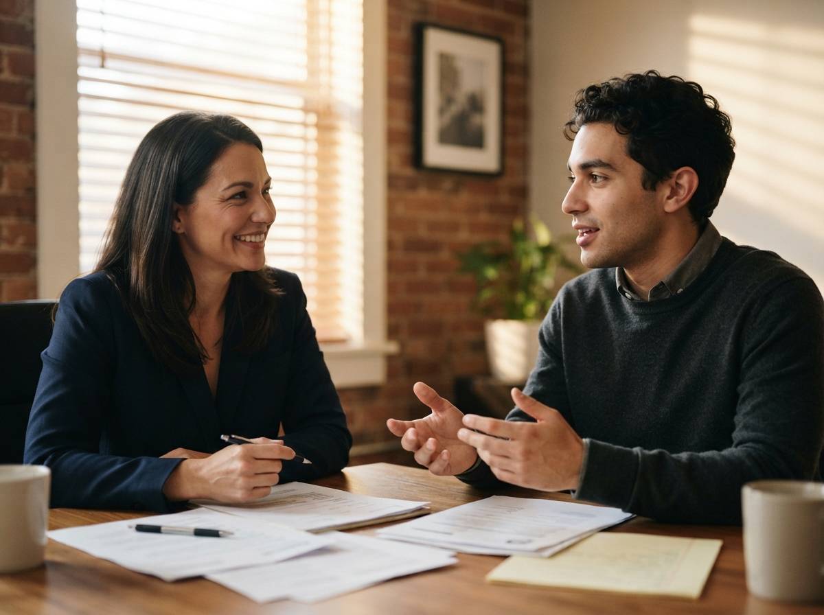 A recruiter interviews a job candidate across a table with resume papers between them.