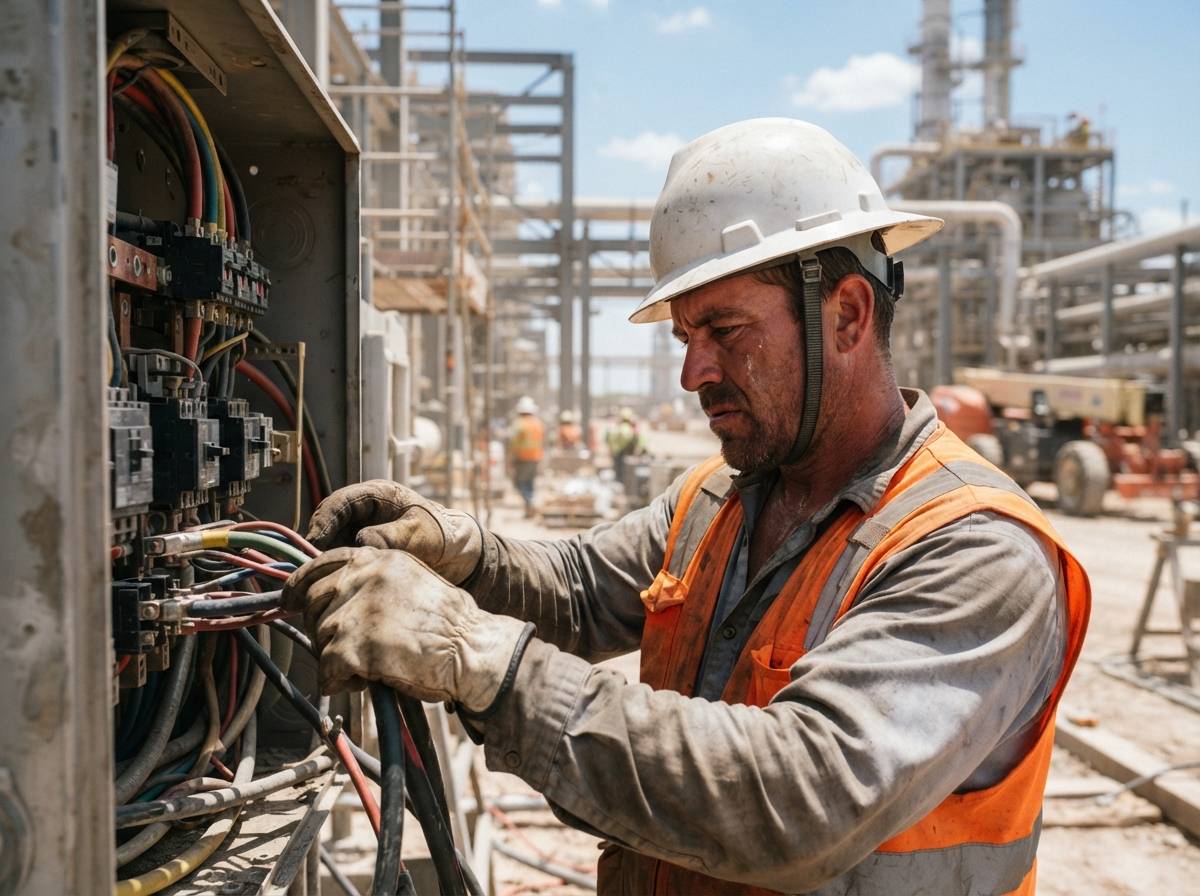 A rig worker's gloved hands adjust a valve on oilfield wellhead equipment.