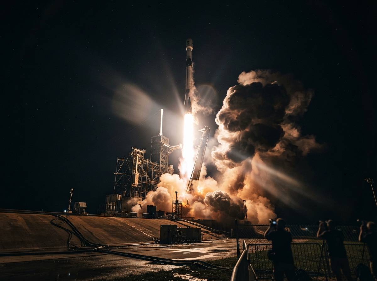 A rocket launches into the night sky, its exhaust plume lighting up the surrounding smoke.