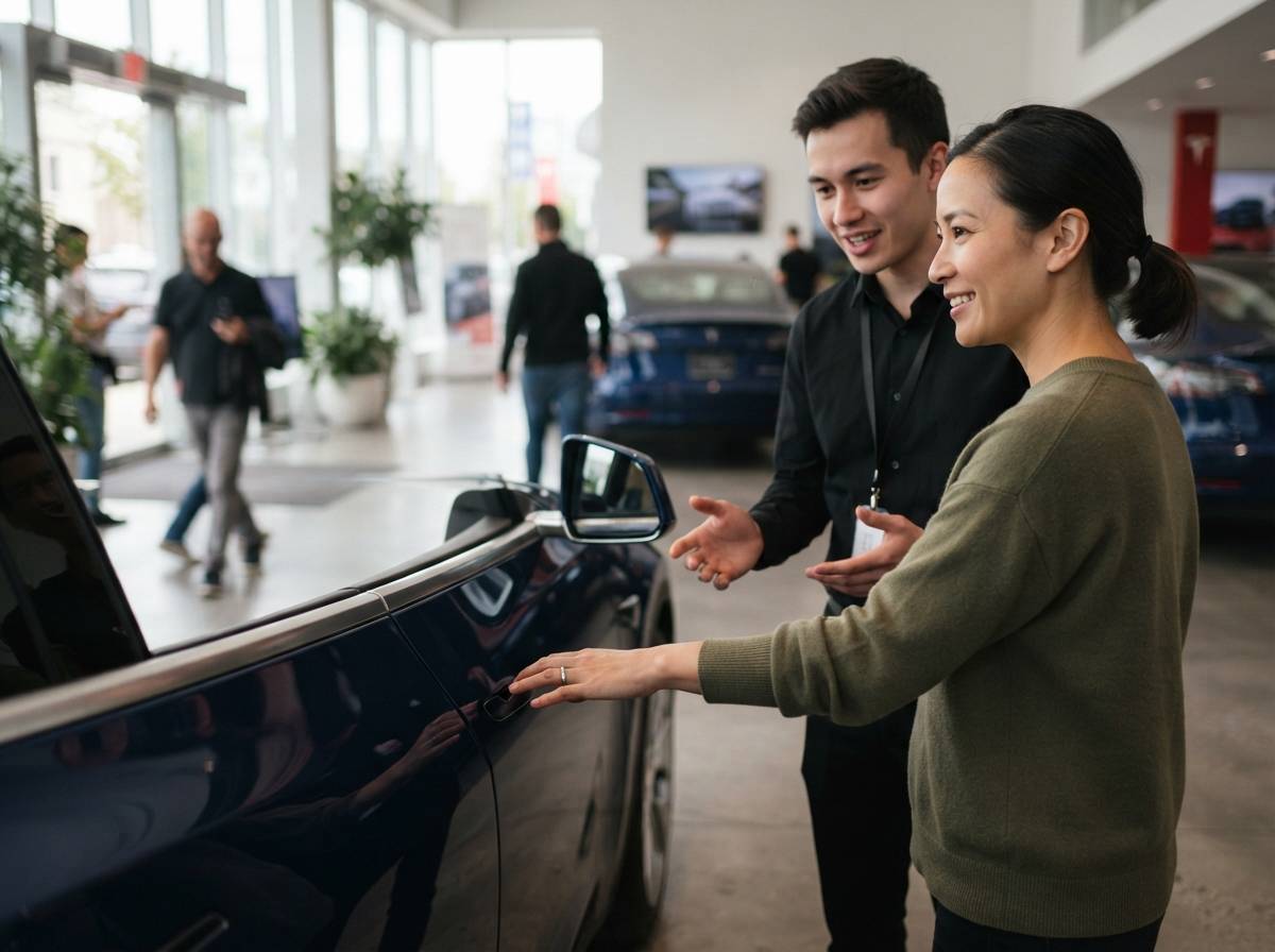 A sales associate talks with a customer next to a Tesla Model Y inside a showroom.