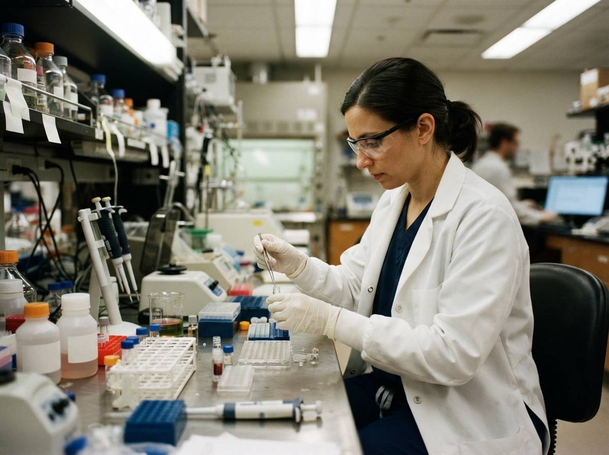 A scientist in a lab coat labeling sample vials on a laboratory bench.