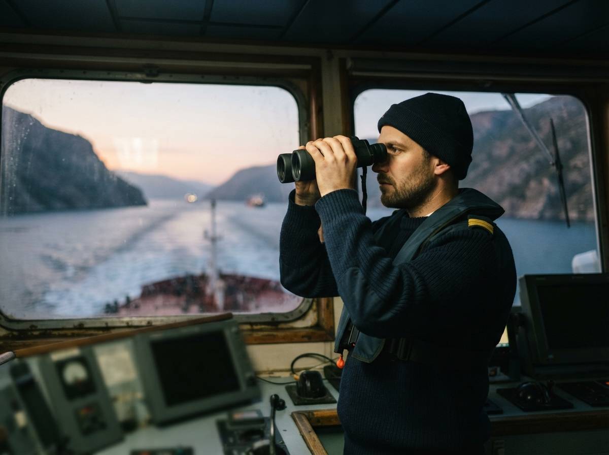 A ship officer stands at the navigation console on a tanker bridge at night, lit by instrument panel glow.