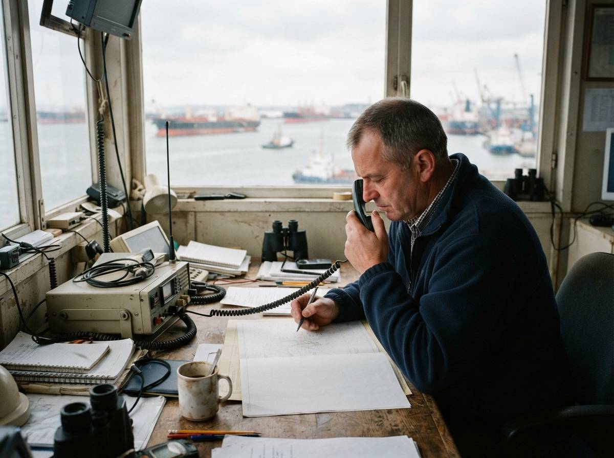 A shipping agent reviews documents at a desk overlooking a tanker anchorage under overcast daylight.