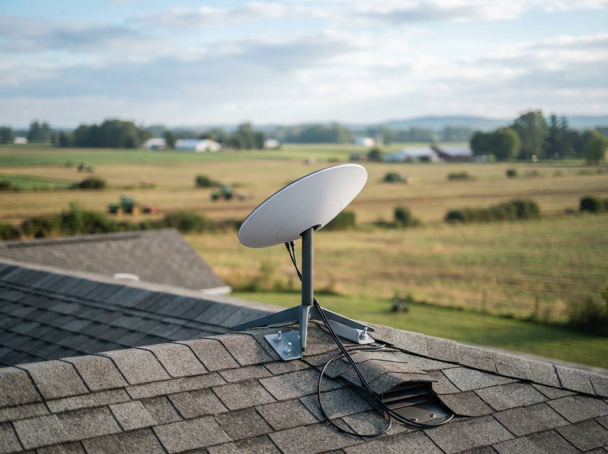 A Starlink satellite dish is mounted on a rooftop overlooking open farmland in the morning light.
