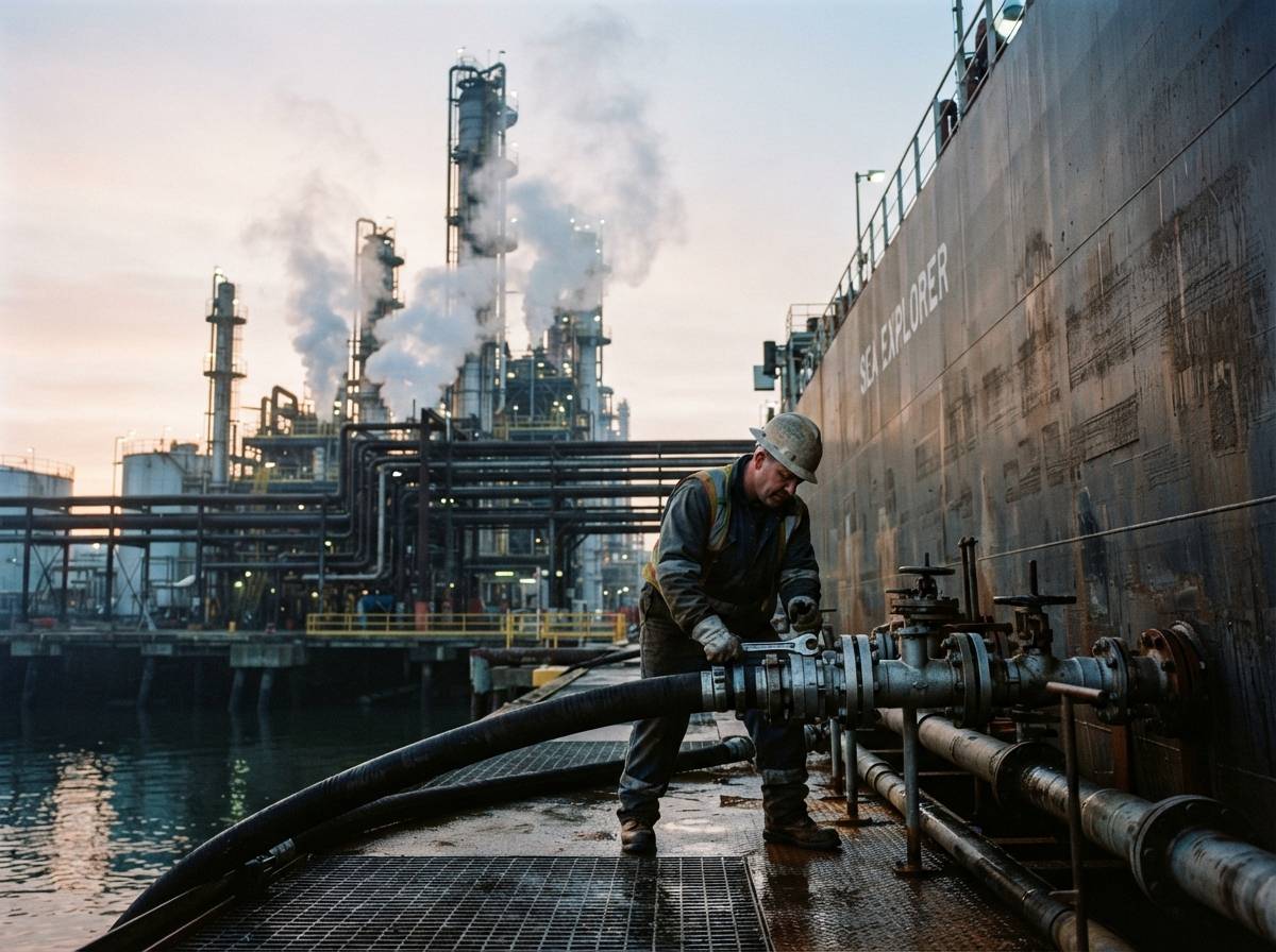 A tanker loads fuel at an oil refinery terminal at dawn.