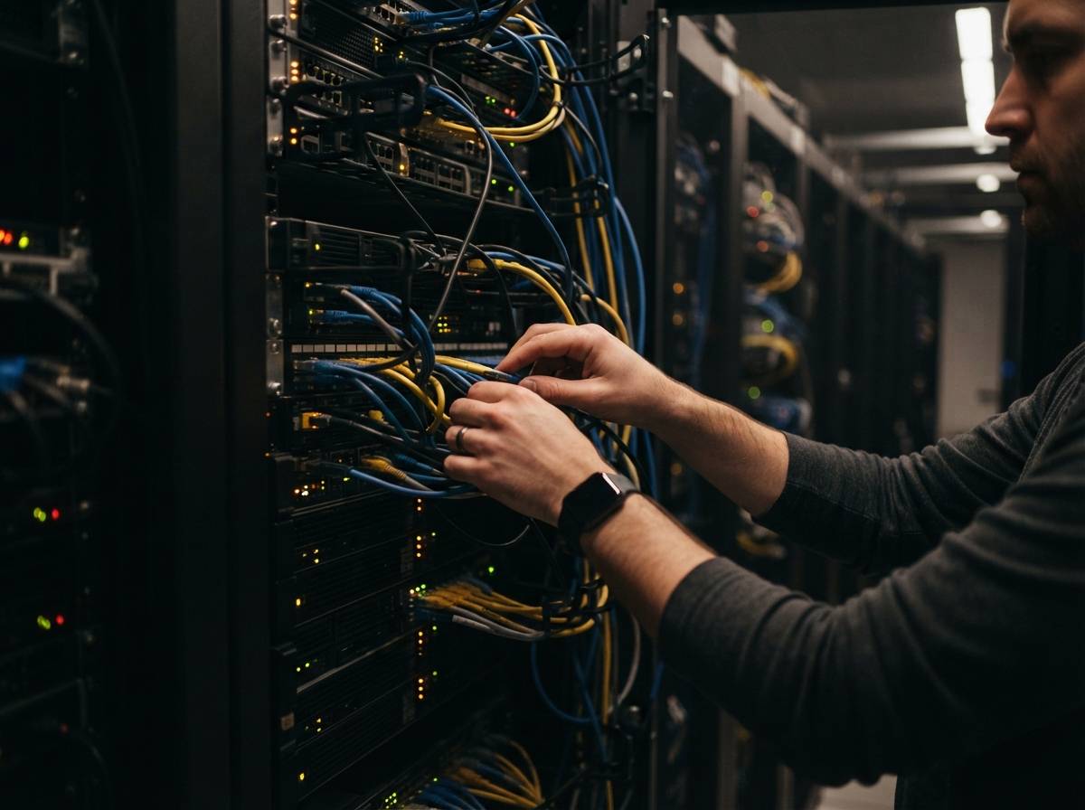 A technician adjusts cables on an open server rack inside a data center at night.