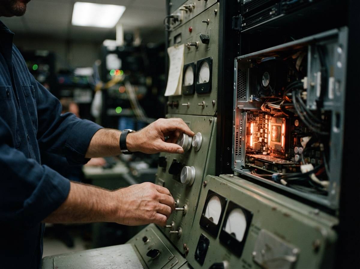 A technician adjusts controls on a reactor control panel inside a dimly lit control room.