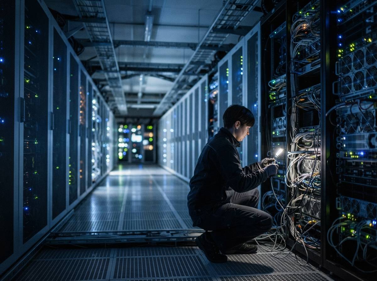 A technician checks server rack connections inside a data center server room.