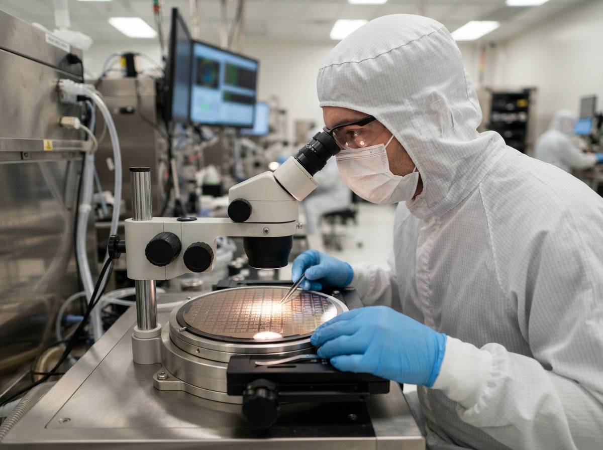 A technician holding a memory chip module in a semiconductor lab.