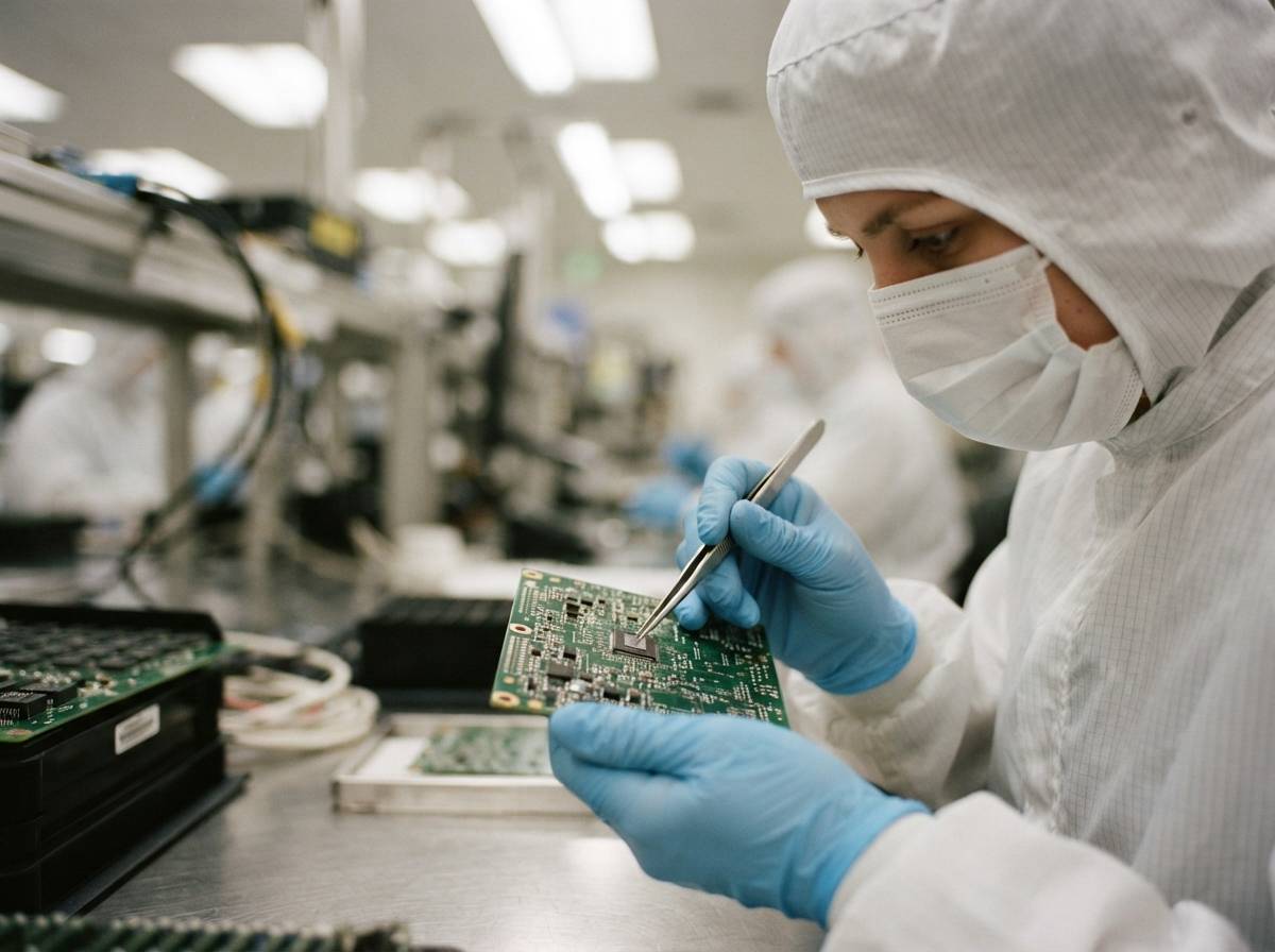 A technician in a cleanroom suit inspecting circuit components on an assembly line.