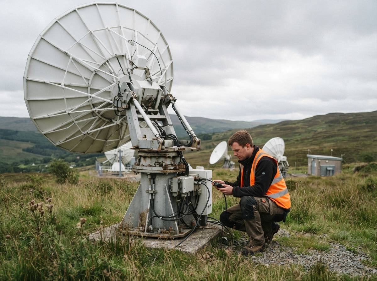A technician inspects a large satellite communications dish at a ground station.