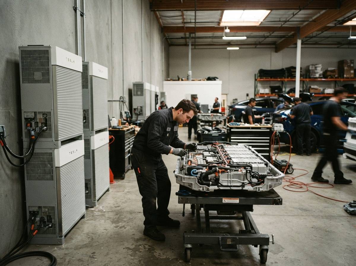 A technician inspects battery storage equipment inside a Tesla facility.