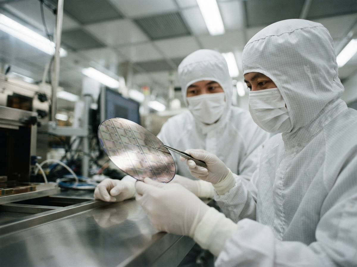 A technician's hands carefully placing a processor chip into a server motherboard socket on a workbench.