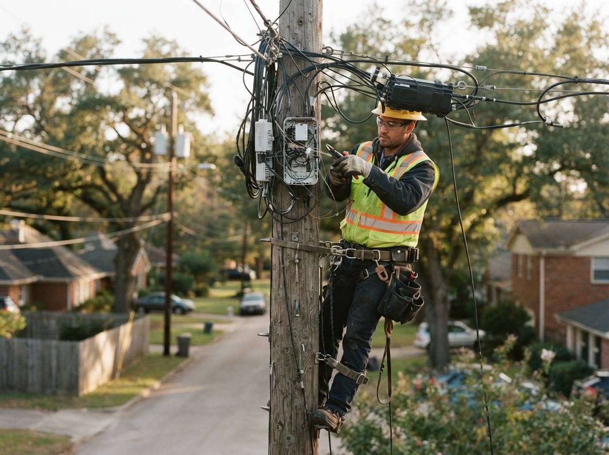 A technician splices fiber optic cable inside an open utility cabinet on a city sidewalk.