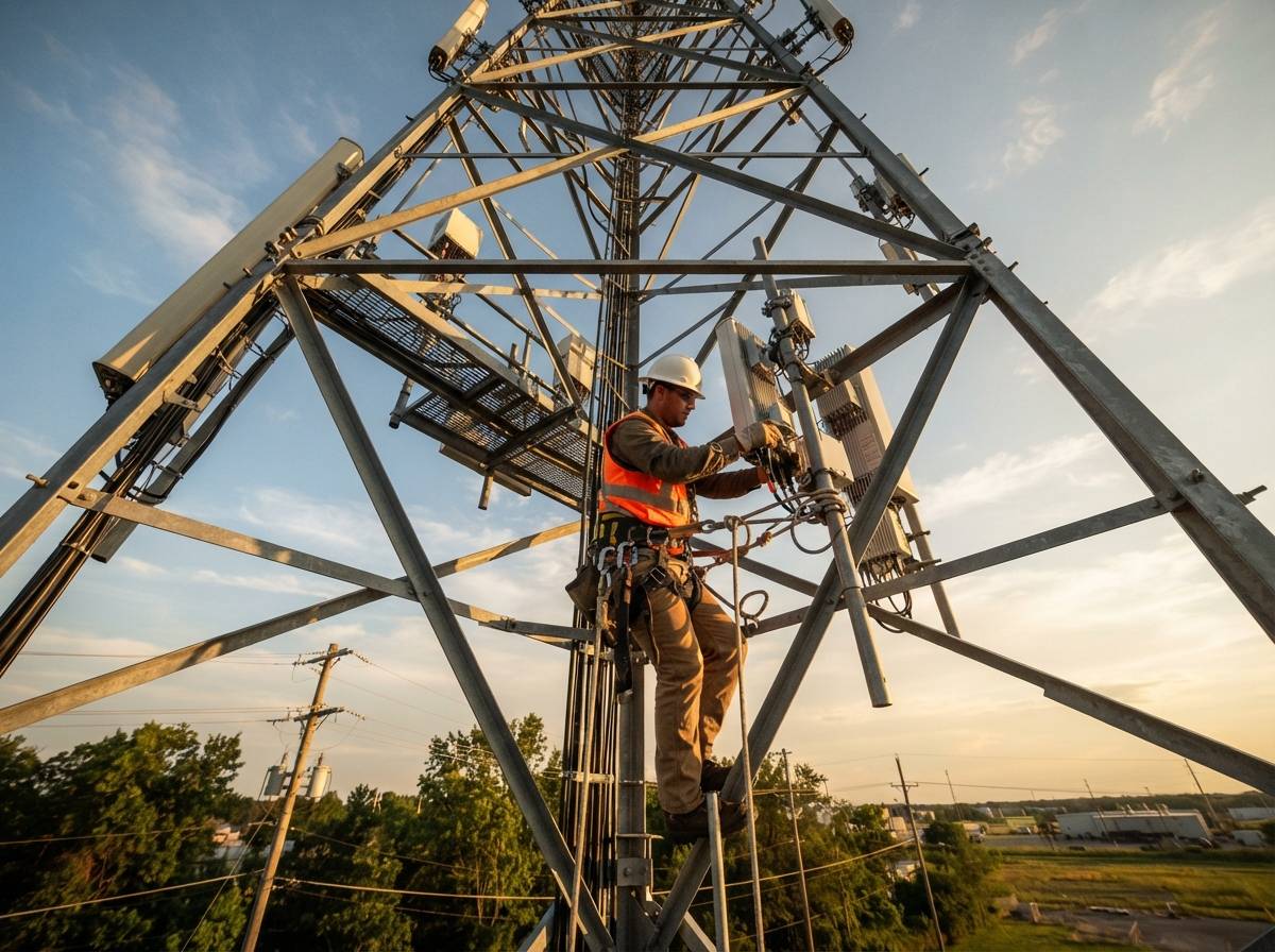 A telecom engineer in safety gear inspecting equipment on a cell tower in daylight.