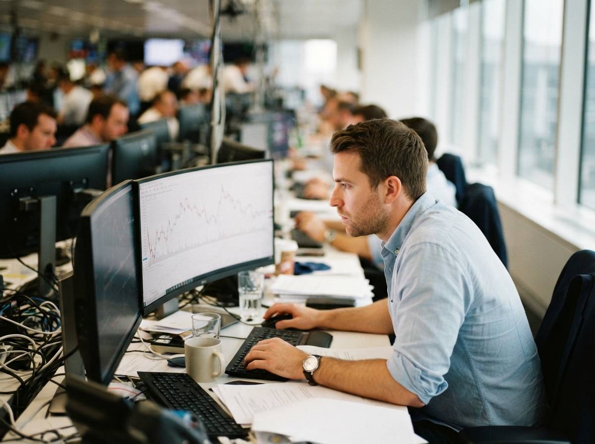 A trader studies stock price charts on a monitor inside a busy trading office.