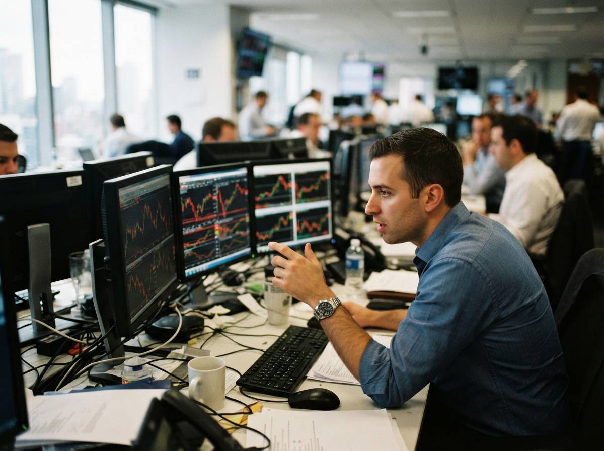 A trader watches multiple monitors showing crude oil price movements in an office.