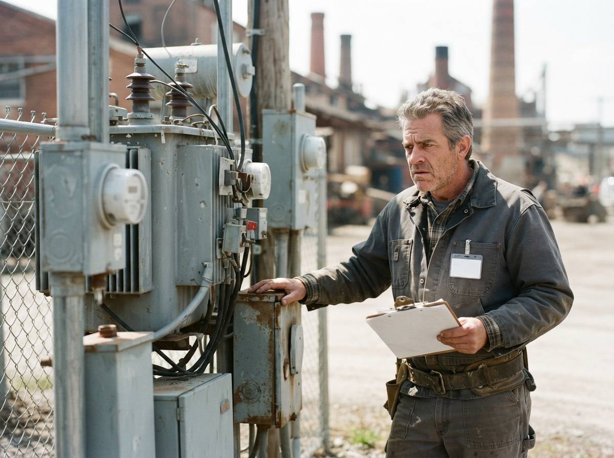 A utility technician works at a substation with transmission towers stretching across farmland in the background.