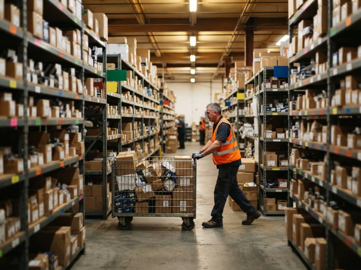A warehouse employee scans a barcode on an auto parts box near an open loading dock.