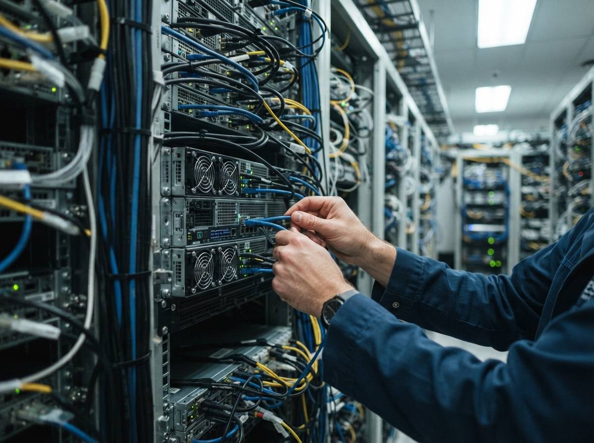 A warehouse worker carefully handles a GPU server chassis inside a server storage facility.