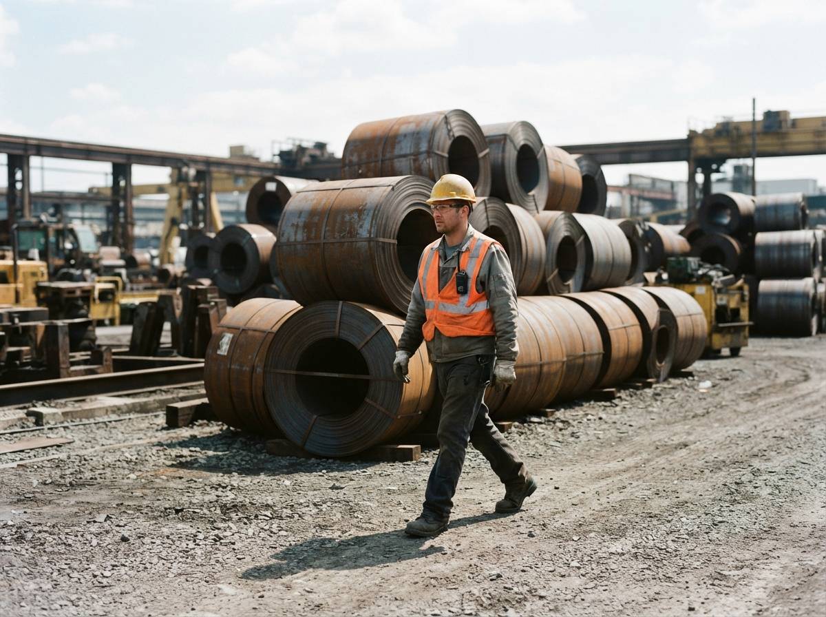 A warehouse worker inspects a shipment of steel coils destined for cross border trade.