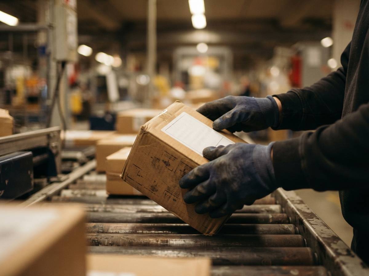 A warehouse worker scans outbound packages at a cross border e-commerce fulfillment center.