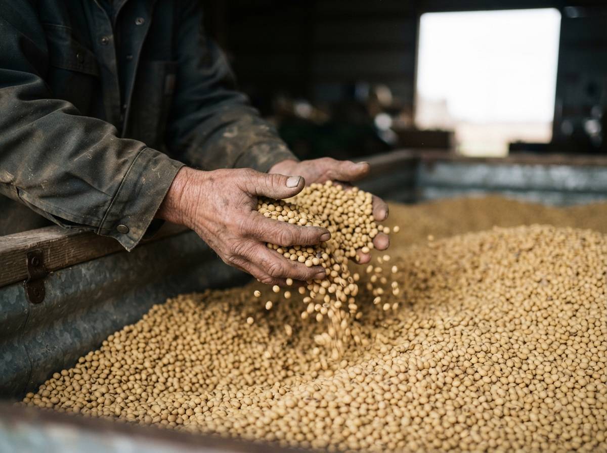 A worker examines a handful of soybeans inside a grain storage facility.