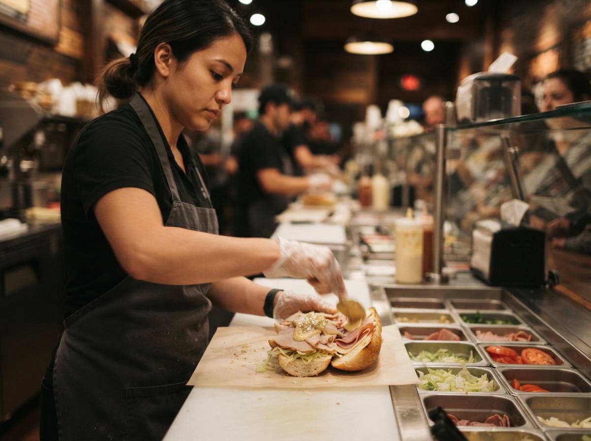 A worker slices meat behind the counter while preparing a sandwich at a Jersey Mike's location.