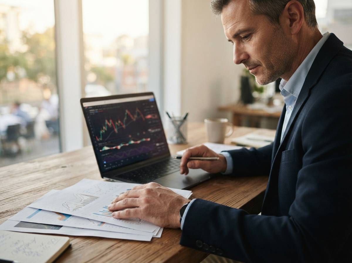An analyst reviewing printed earnings reports and stock charts at a desk.