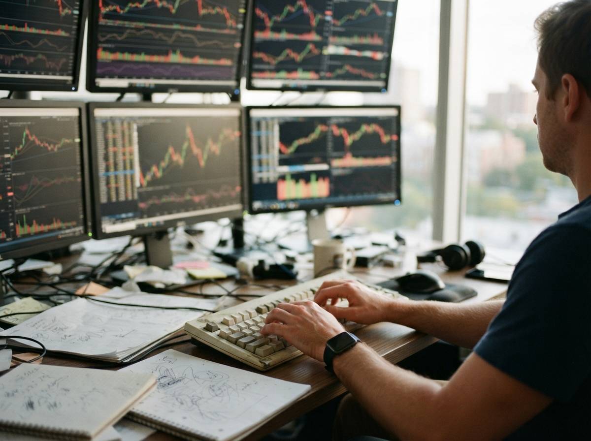 An analyst reviewing stock charts on multiple monitors at a desk.