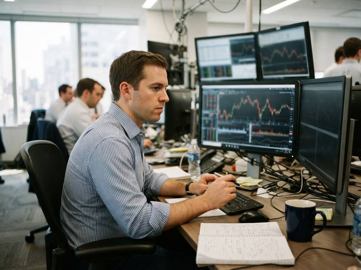 An analyst reviewing volatile stock price charts on multiple monitors in an office.