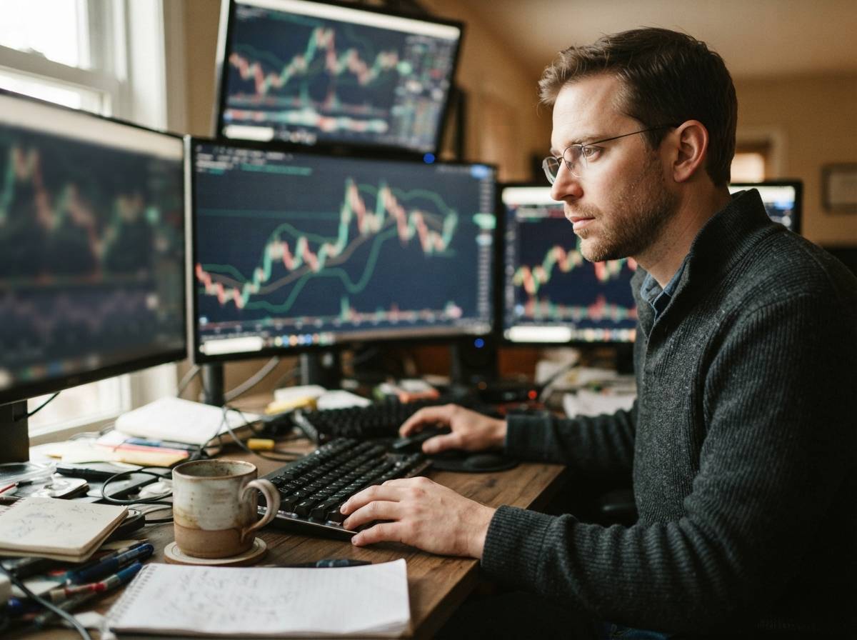 An analyst reviews stock charts on several monitors at a desk lit by natural window light.